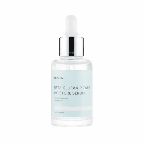 Billeddåse med IUNIK Beta-Glucan Power Moisture Serum, 50 ml, ansigtsserum til dybdegående hydrering og beroligelse. Ideel til tør og følsom hud, forbedrer hudens elasticitet og giver en sund glød.
