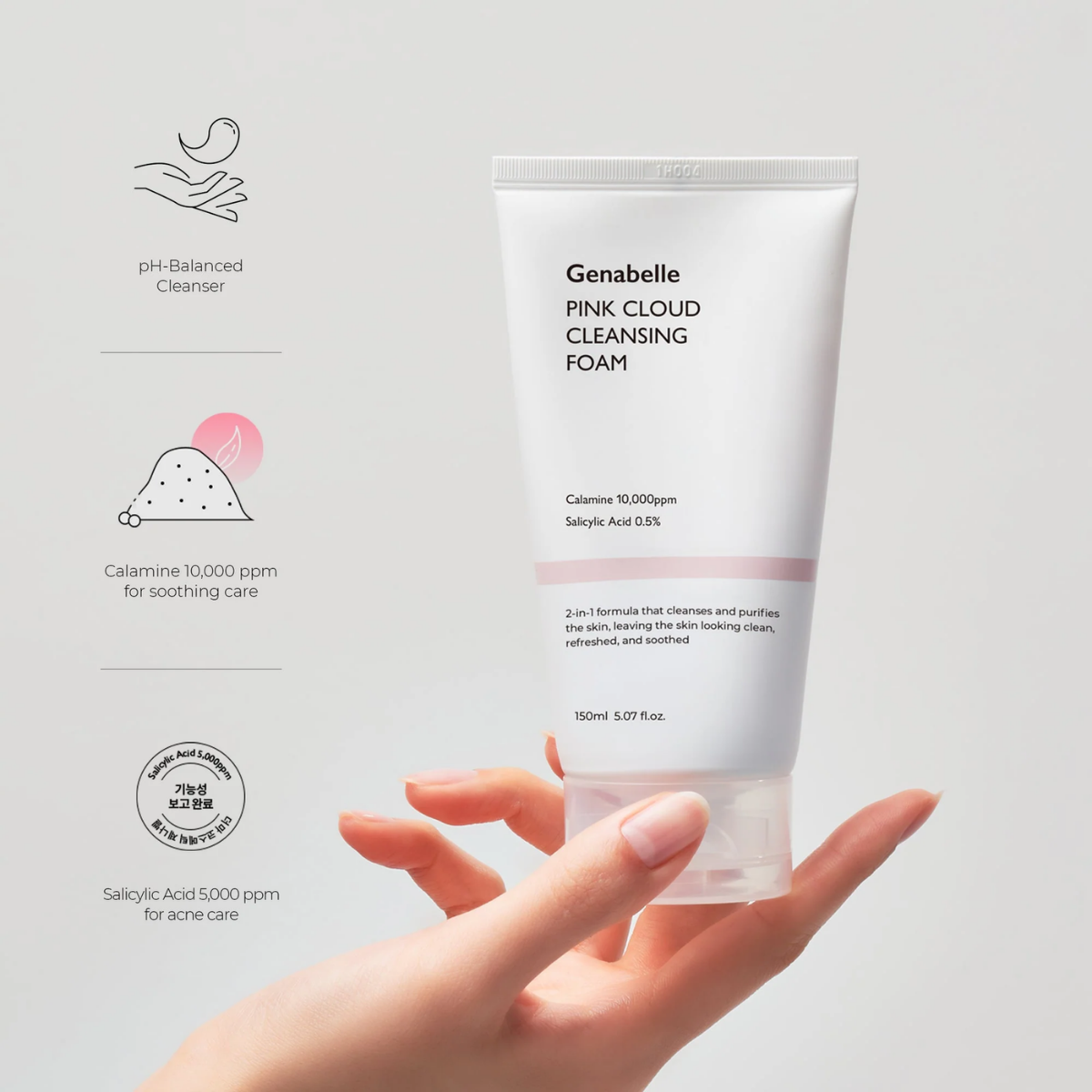 Genabelle Pink Cloud Cleansing Foam, 150ml, med pH-balanceret og beroligende egenskaber til hudpleje.