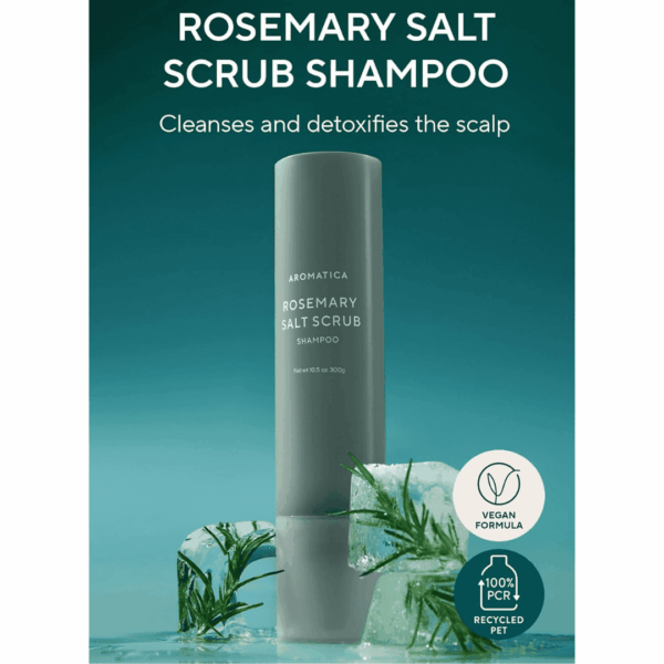Rensende rosmarinsalt scrubs shampoon med naturlige ingredienser og vegansk formel, der renser, detoxificerer og prioriterer miljøet, perfekt til hårpleje.