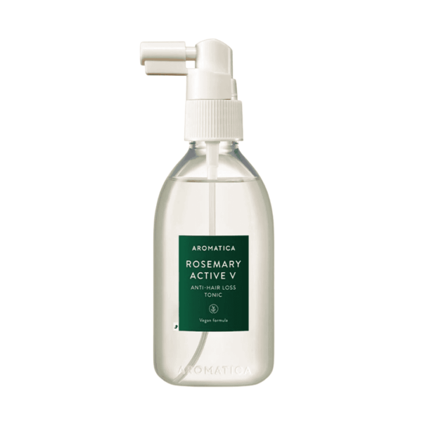 Aromatica Rosemary Active V anti-hårtab tonic i sprayflaske til velplejet hår og hovedbund, hjælper med at reducere hårtab med naturlige ingredienser.