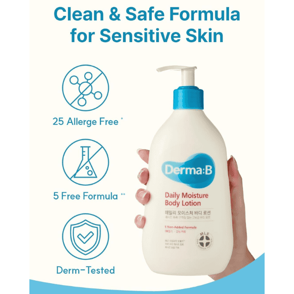 Dermatologisk testet kropslotion til følsom hud, med allergivenlige og uden skadelige ingredienser, ideel til daglig plejend af sart hud, fra MySkin.dk.