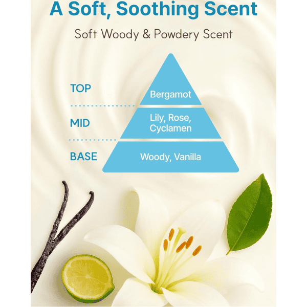MySkin duftnoter skønhedsprodukt, med topnoter af bergamot, midtnoter af lily, rose og cyclamen, og en basis af woody og vanilje duftstoffer, ideel til en beroligende duftoplevelse.