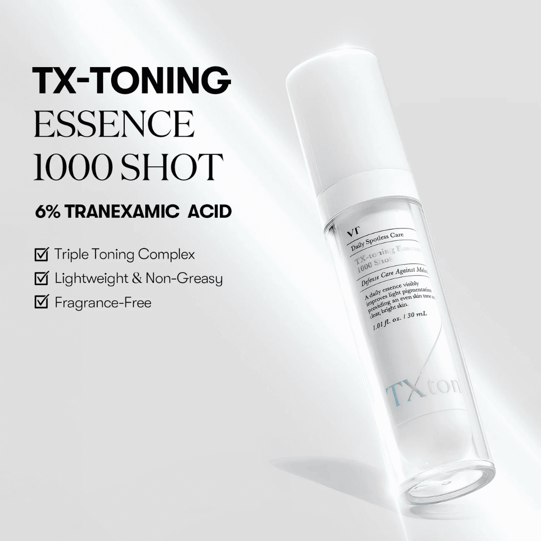 Innovativ Tx-Toning Essence 1000 Shot med 6% Tranexamic Acid til hudforbedring og jævn hudtone. Let, ikke-fedtet formel uden parfume til daglig pleje.