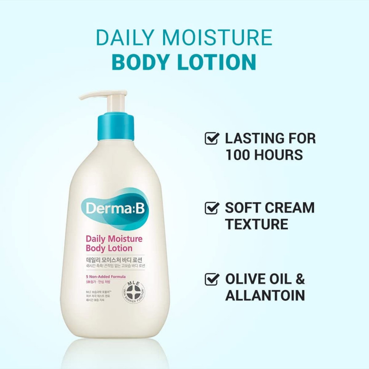 Derma:B Daglig FugtighedsBodylotion, kraftfuld og plejende, med olivenolie og allantoin, som holder huden blød, fugtet og beskyttet i op til 100 timer. Ideel til daglig hudpleje.