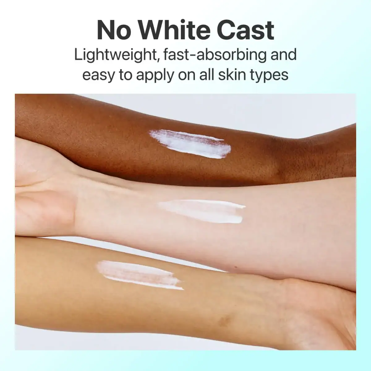 Cream-swipe på forskellige hudtyper, viser dermatologisk testet og miljøvenligt alternativ til white cast til hudpleje og makup. Ideel til alle hudtoner, letvægtig og hurtigtabsorberende.