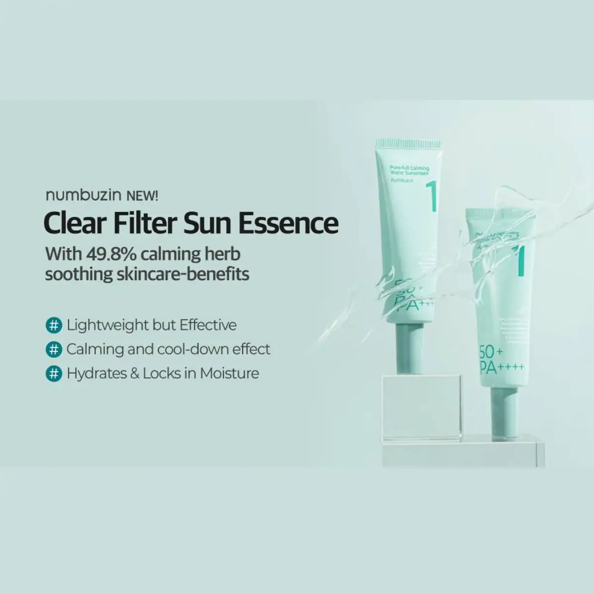 Nye Numbuzin Clear Filter Sun Essence med 49,8% beroligende urter, absorberer huden, giver kuldende effekt og fugt, ideel til beskyttelse mod sol, perfekt til beroligende hudpleje.