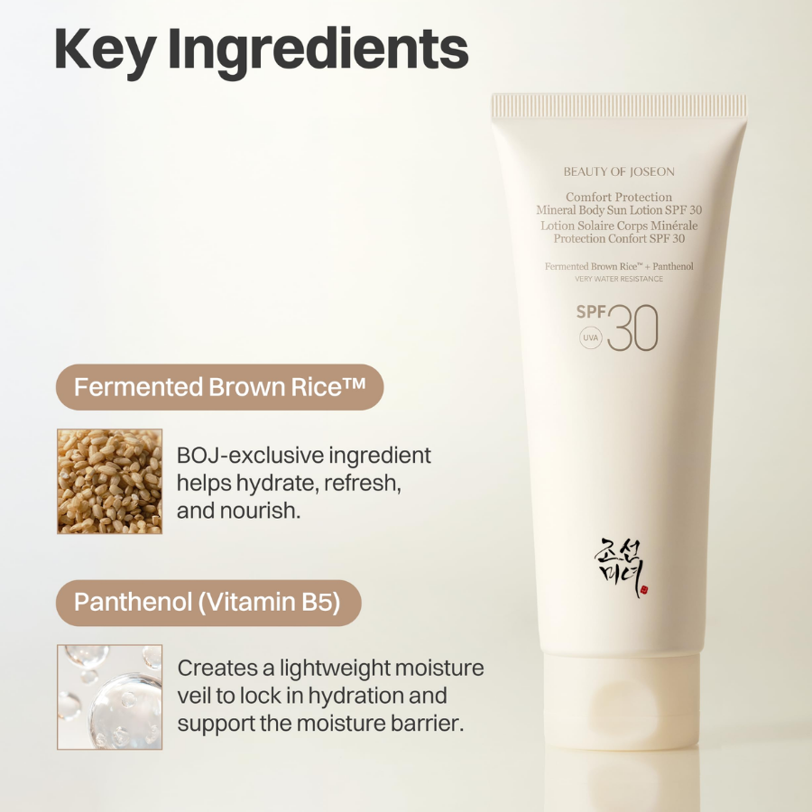 Solcreme med SPF 30 fra MySkin med ingredienser som Fermented Brown Rice og Panthenol for beskyttelse og fugtighed.