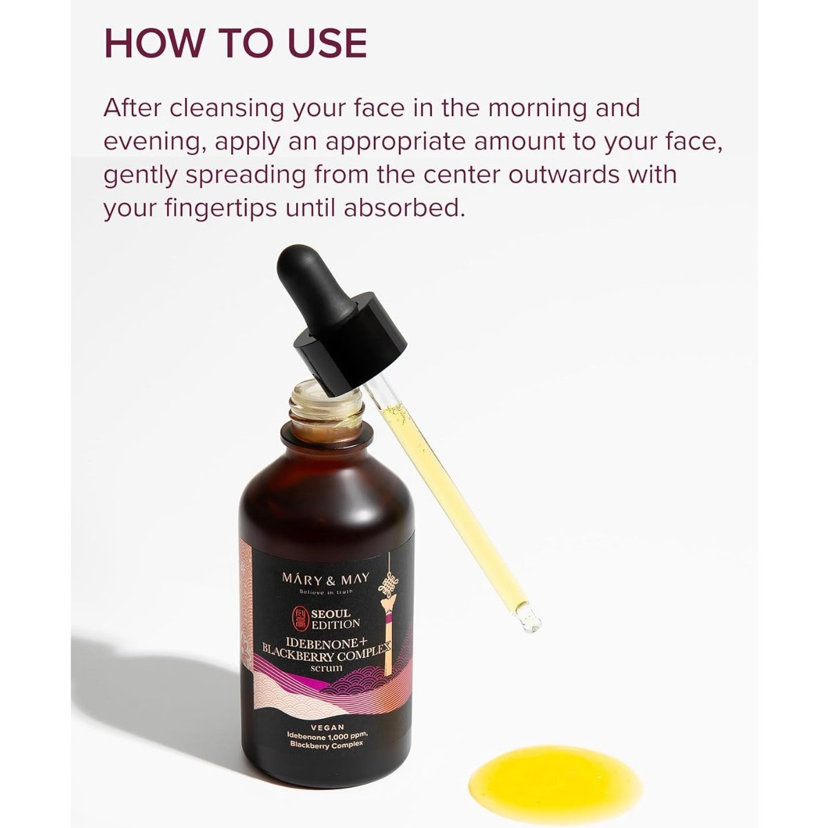 Idebenone og brombærkompleks serum til hudpleje med anti-aging og antioxidant effekt, velegnet til alle hudtyper, vegan, fri for animalske ingredienser, forbedrer hudens elastitet og glød.