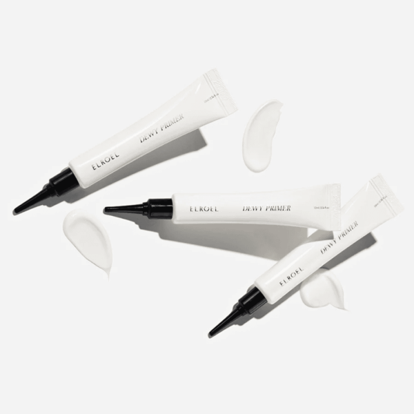 Hvid Elroel Dewy Primer med to spidser, der er ideel til hudforbedring og makeup-baser. Produkten er let og skaber en glat, fejlfri finish for en naturlig, strålende hud.