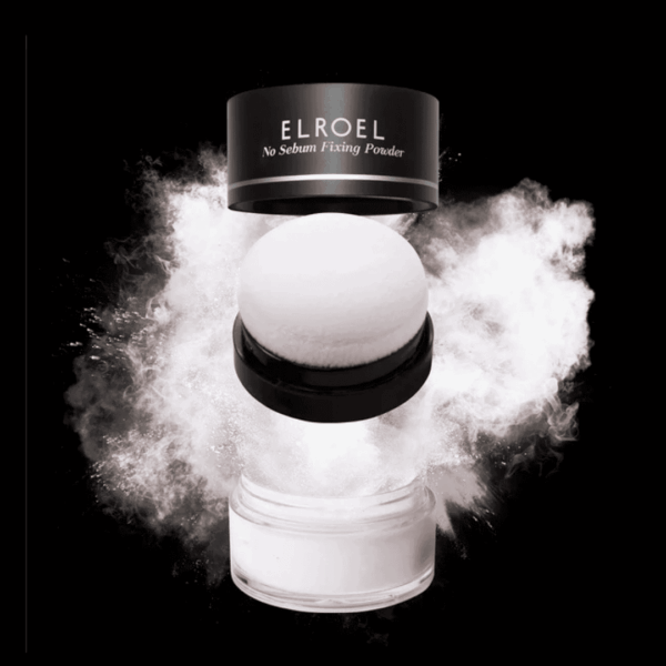 Elroel No Sebum Fixing Powder, pulveriseret til perfekt mat finish og control af fedtet hud. Ideel til makeup, der holder hele dagen uden skinnende glans. Elegant sort design.