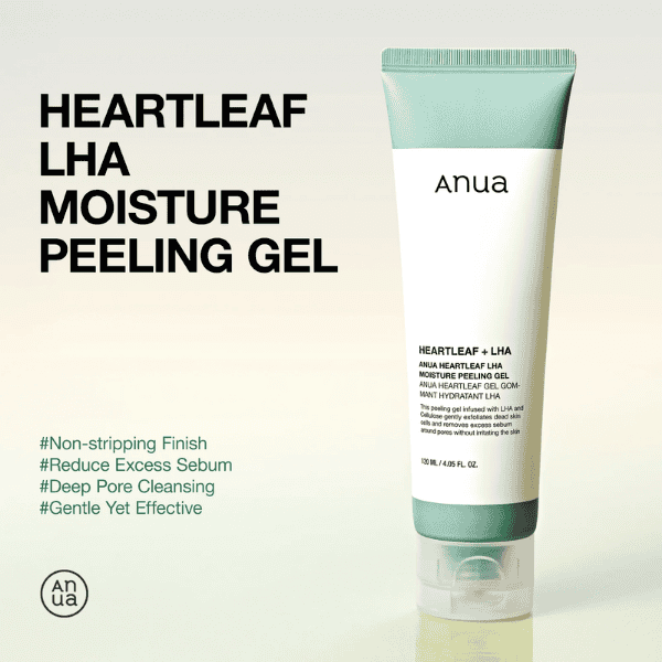 Anua Heartleaf LHA Moisture Peeling Gel - Fugtighedsgivende og skånsom peeling til uren hud og overskydende talg, reducerer porer og eksfolierer huddefekter for en klarere hud.