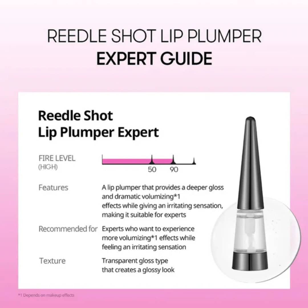 Reedle Shot Lip Plumper Expert guide til dybtvirkende læbevolumen, skaber glans og dramatisk volumen med irriterende effekt, egnet til eksperter, med transparent gloss finish.