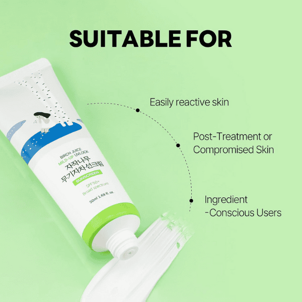 Birkesaft solcreme til sensitiv, reaktions-udsat hud, ideel til efter behandling eller skadet hud, med SPF 50+, højt beskyttelsesniveau, velegnet til bevidste brugere, sund hudpleje.
