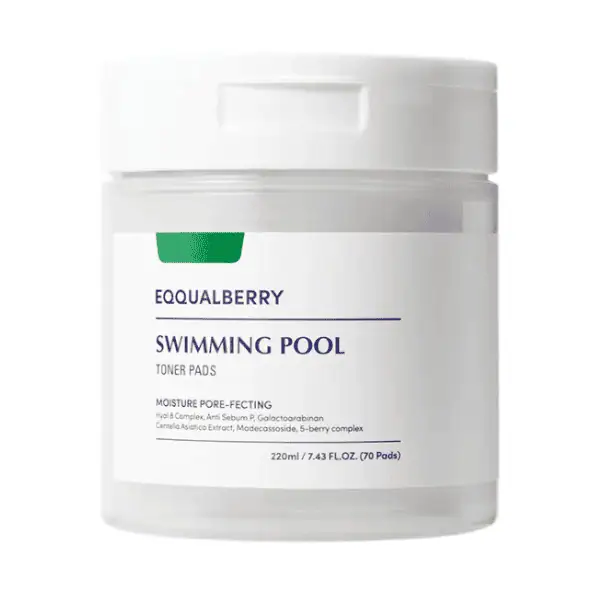 EQUALLBERRY Swimming Pool Toner Pads til hudpleje, reducerer porer og giver fugt i huden med galactarabin, centella asiatica ekstrakt og modecassioside.