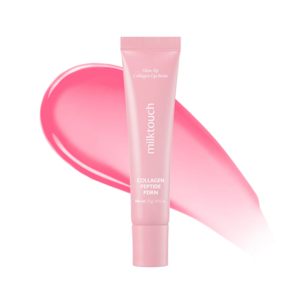 MælkeTouch Collagen Lip Balm i lyserødt rør med lyserødt læbepomade baggrund, fremmer hudens elasticitet og fugtighed.