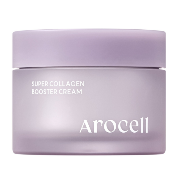 Arocells Super Collagen Booster Cream i en lysegrå beholder, designet til at forbedre hudens elasticitet og reducere aldringstegn.