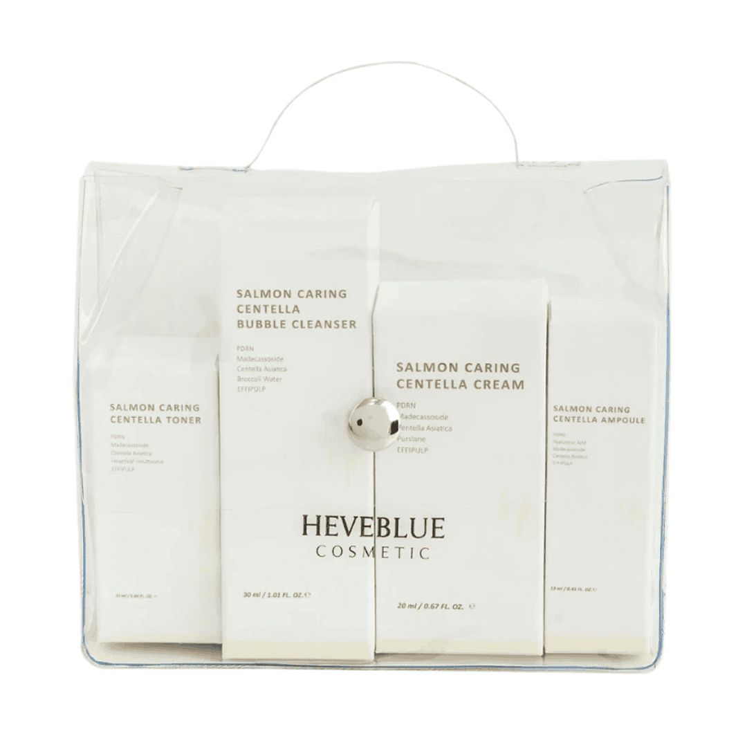 Salmon Caring Centella kosmetik sæt med rens, toner, creme og ampuller til hudpleje, perfekt til behandling af urenheder og hudproblemer.