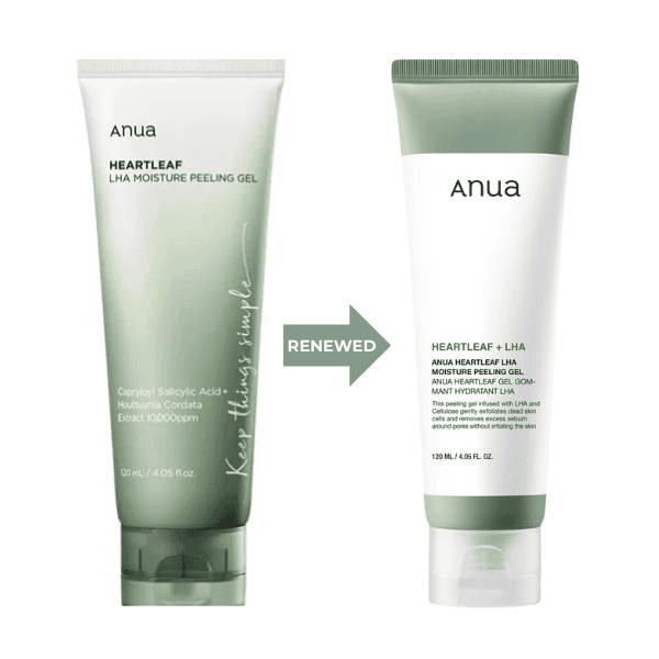 Læbende billede af to Anua Heartleaf + LHA Moisture Peeling Gel produkter, før og efter opdatering, der fremviser en forbedret, fugtgivende og hudvenlig ansigtsgel til glat og sund hud.