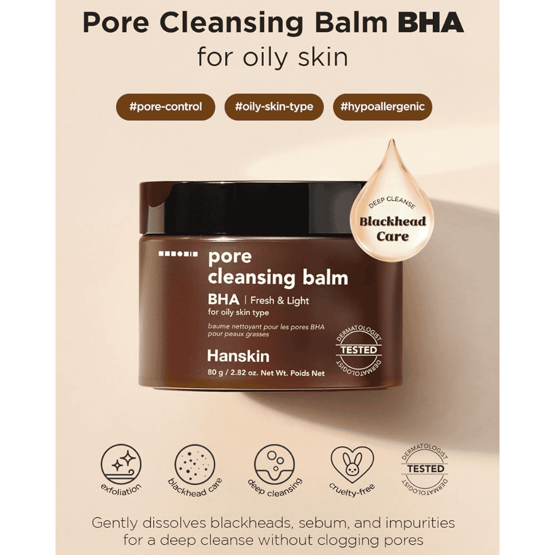 Skræddersyet til olieagtig hud, pore cleansing balm med BHA for dybderens, reducerer tilstoppede porer, fedtet hud, og urenheder, dermatologisk testet og cruelty-free. Perfekt til hudplejerutine.