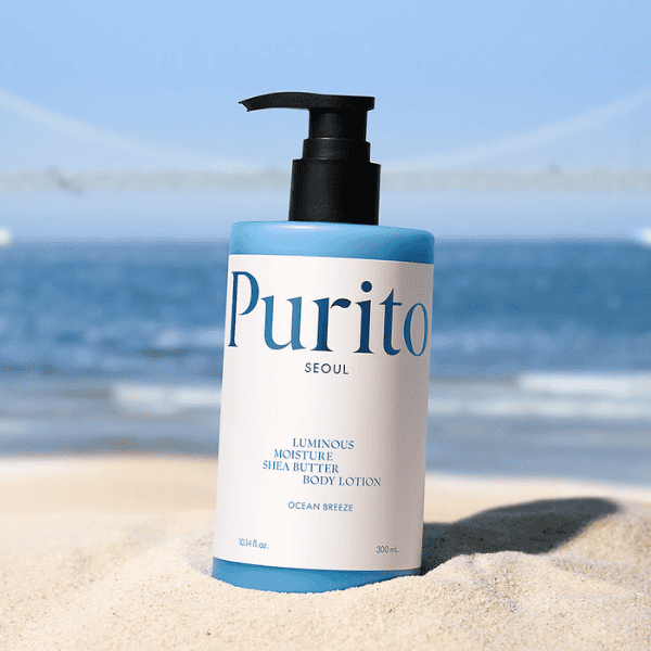 Fuglegrå, luksuriøs bodylotion på stranden med ocean breeze aroma, fugtgørende Shea Butter, Purito Seoul, sommerpleje til huden.