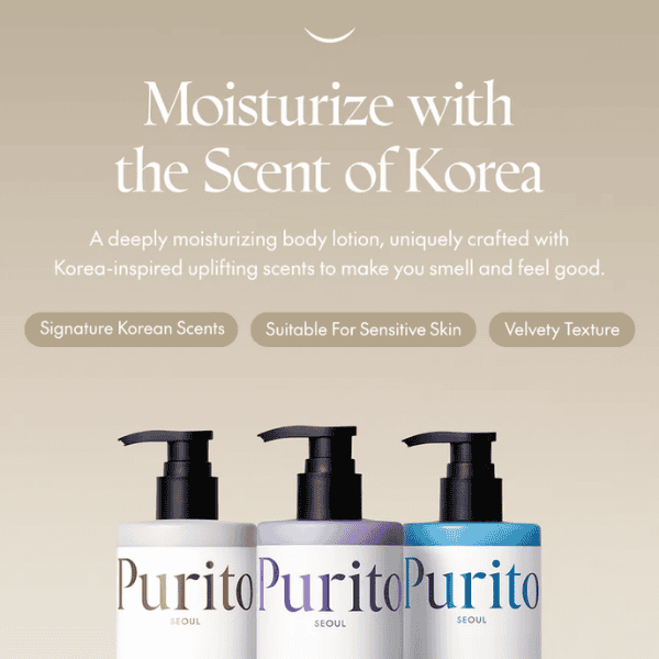 Nærbillede af Purito kropslotionflasker med pumpespidser, fremhæver deres koreansk-inspirerede duft og æstetik til sund, velplejet hud. Perfekt til følsom hud, med fokus på fugt og velvære.