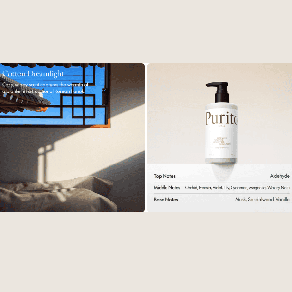 Cotton Dreamlight sovemiljø med japansk inspireret design og Duftfri hudpleje Purito lotion.