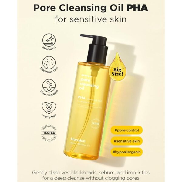 Dilateret, gult Pore Cleansing Oil PHA til sensitiv hud, filter til sorte porer, fedtet hud, acne, og urenheder, testet og cruelty-free, ideel til dybdegående rens uden tilstoppede porer.