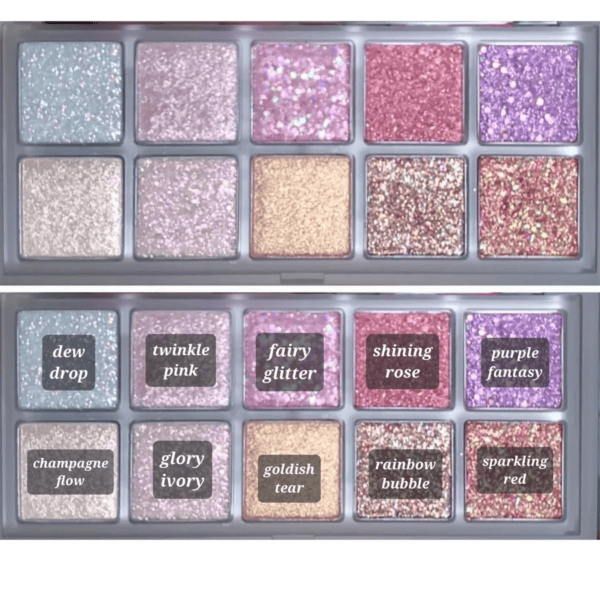 Dækkeglitter øjenskyggepalette med 10 farver i pastelfarver og glittereffekter, perfekt til fest og hør, skinnende og glamourøst look.